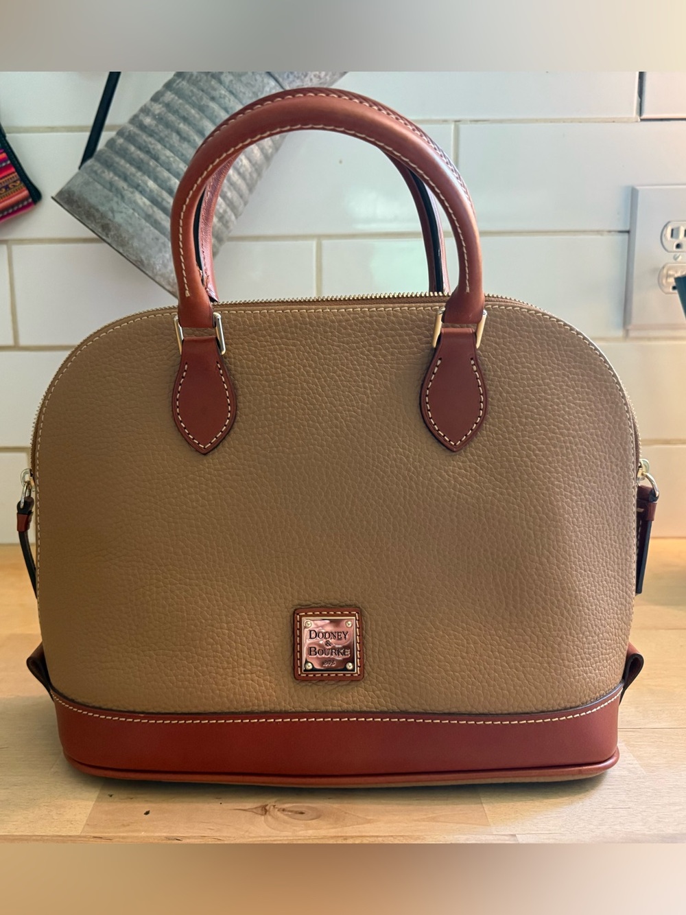 Dooney & Bourke Pebbleโ Grain Domed Satchel Taupe Cognac Leather Crossbody
